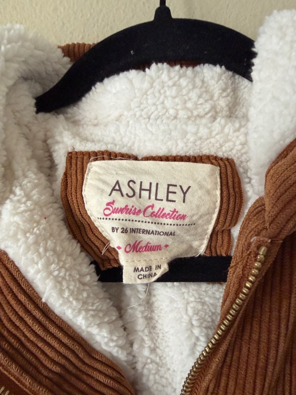 Ashley By 26 International Tan Brown Corduroy Bomber Jacket Zip Up Teddy Lining - Picture 2 of 5